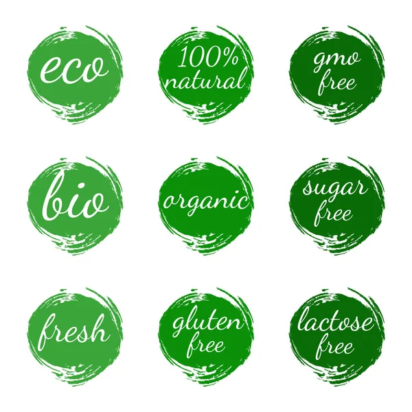 Organic Food Farm Fresh Natural Products Collection Icons Stickers Label — Stock Vector