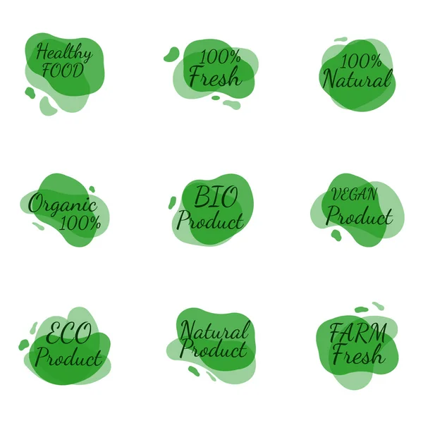 Organik gıda, taze ve doğal ürünler. İkon koleksiyonu, etiketler ve gıda pazarı, e-ticaret, organik gıda tanıtımı, sağlıklı yaşam için yeşil soyut şekiller etiketi.. 