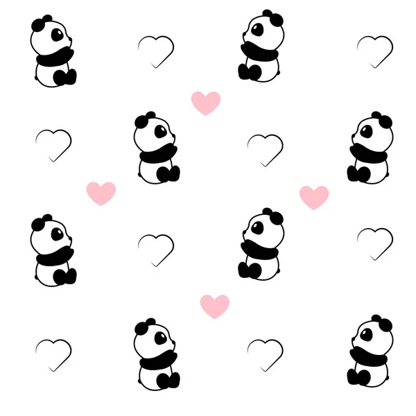Panda Kusursuz Desenli Kalpli Şirin Panda Çizgi Film Pandaları Beyaz — Stok Vektör