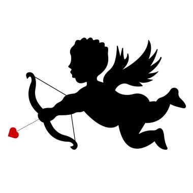 Beyaz arka planda yay ve okla izole edilmiş aşk tanrısı silueti. Aşk tanrısı bayrağı. Vektör simgesi.