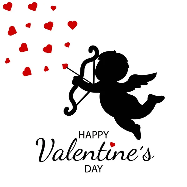 Eski Sevgililer Günü tebrik kartı, Aşk Tanrısı 'nın silueti, yay ve kalpleriyle davetiye. El yazısıyla Sevgililer Günü mesajları. Vektör illüstrasyonu, fırça harfleri..