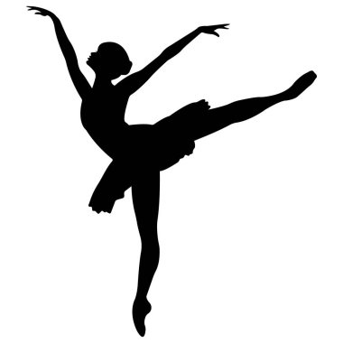 Beyaz arka planda izole edilmiş balerin silueti. Bale afişi. Sivri ayakkabılı ve etekli gerçekçi dansçı. Vektör simgesi.