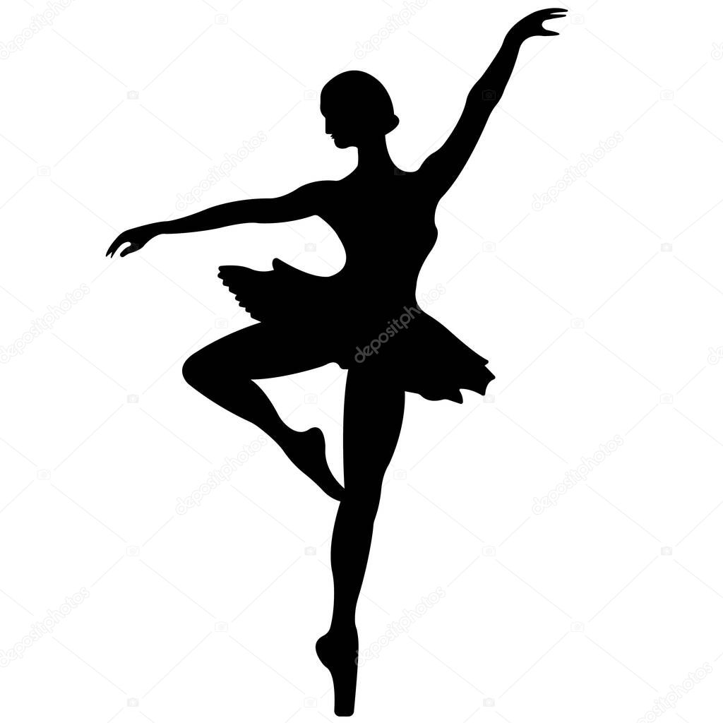 Ballerina silhouette isolated on white background. Ballet banner. Realistic dancer in pointe shoes and tutu. Vector icon.