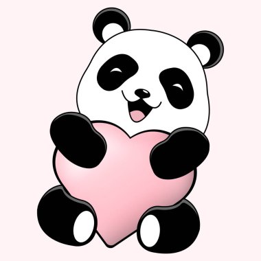  Kocaman pembe bir kalbi olan sevimli bir panda. Bayram tebrik kartı ve düğün ve doğum günü davetiyesi için tasarım. Sevgililer Günü ve Mutlu Aşk Günleri. Vektör illüstrasyonu..