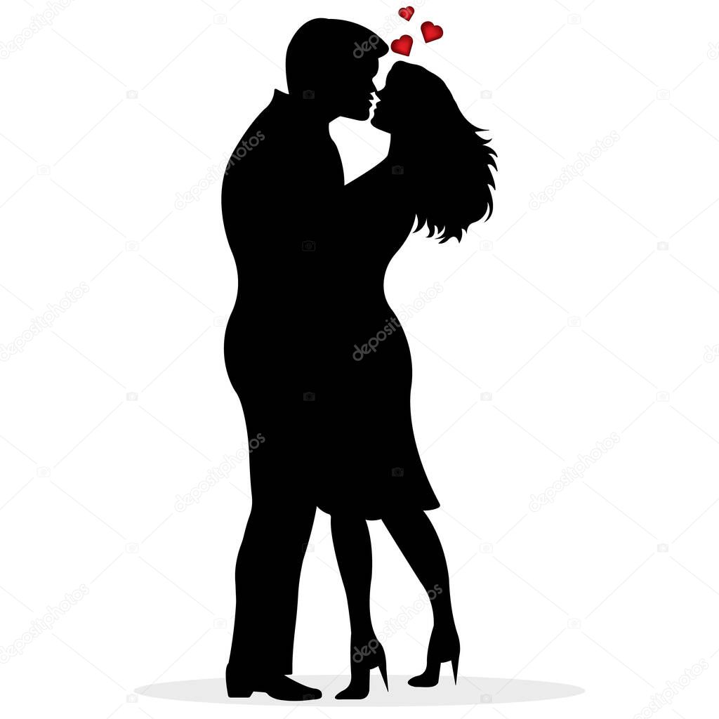 Silhouette of a man and woman couple in love.Vector icon. Kissing couple .Valentines Day card.