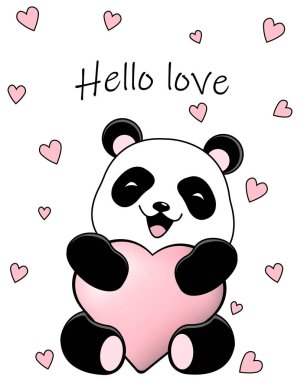Merhaba aşkım. El yazısıyla yazılmış. Pembe kalpli şirin bir panda. Bayram tebrik kartı ve düğün ve doğum günü davetiyesi için tasarım. Sevgililer Günü ve Mutlu Aşk Günleri. Vektör illüstrasyonu..