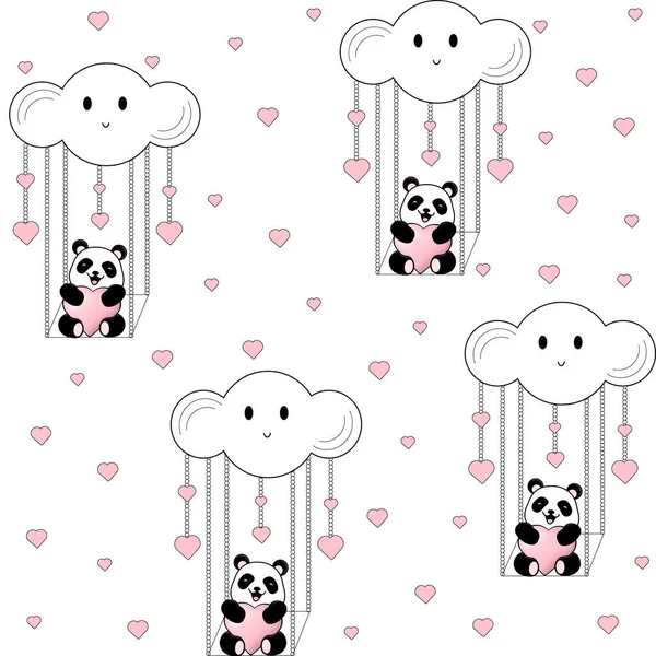 Panda Seamless Pattern Cute Panda Swing Hearts Clouds Cartoon Panda — Stock vektor