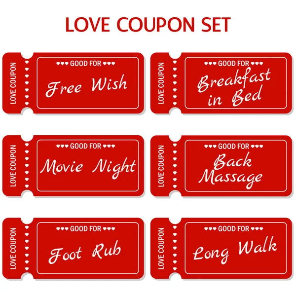 Amor Cupom Book Valentine Example Set Amor Coupons Red Cupons — Vetor de Stock