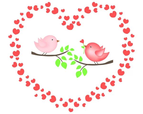 Paire Oiseaux Amoureux Sur Une Branche Dans Cadre Coeurs Illustration — Image vectorielle