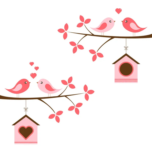 Ensemble Oiseaux Roses Amoureux Sur Branches Avec Nichoirs Eléments Vectoriels — Image vectorielle