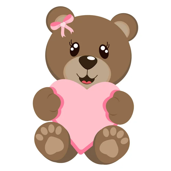 Kocaman pembe bir kalbi olan şirin bir ayı yavrusu. Doğum günü kartı, düğün davetiyesi ve sevgililer günü için tasarlanmış. Vektör illüstrasyonu..