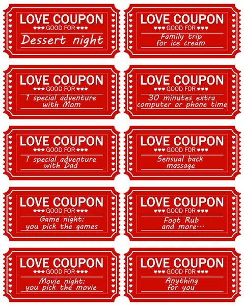 Amor Cupom Book Valentine Example Set Amor Coupons Red Cupons — Vetor de Stock