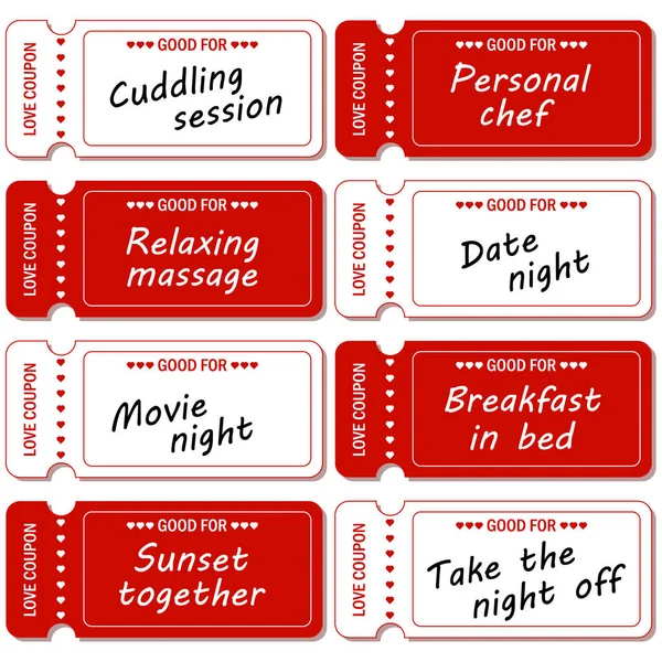 Aşk kuponu, aşk kuponu, sevgililer günü kartı, beyaz arka planda kırmızı ve beyaz kuponlar..