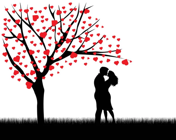 Silhouette Couple Love Kissing Love Tree Vector Illustration — 图库矢量图片