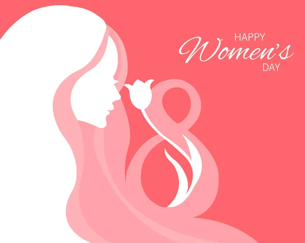 March Greeting Card Silhouette Girl Pink Background Symbol March International — стоковый вектор