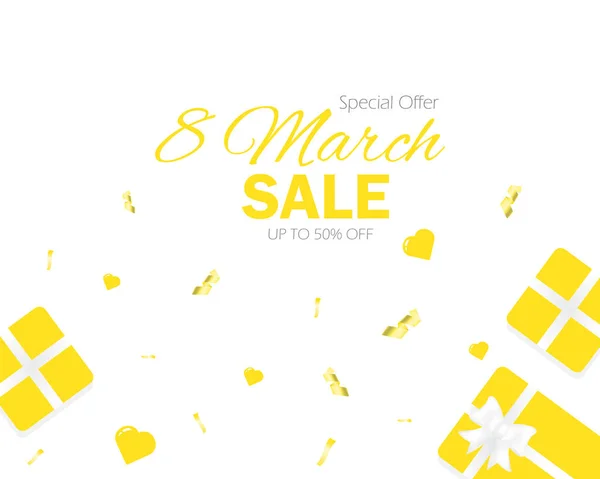 8 Mart 'ta kadın bayramında indirimler ve özel teklifler için sarı hediye kutuları ve konfetilerle bayrak indirimi..