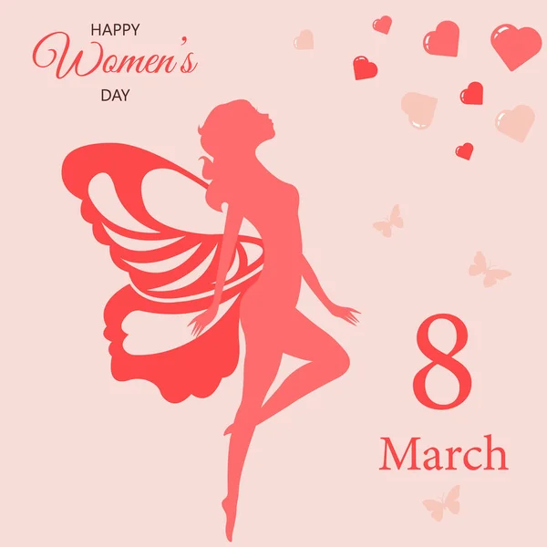 Happy Women Day Happy 8Th March Greeting Card Silhouette Girl — Vetor de Stock