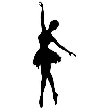 Beyaz arka planda izole edilmiş balerin silueti. Bale afişi. Sivri ayakkabılı ve etekli gerçekçi dansçı. Vektör simgesi.