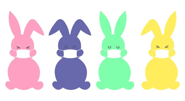 一组戴着口罩的复活节兔子的肖像 在恐慌时期的复活节 在白色背景上孤立的矢量插图 — 图库矢量图片