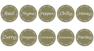 Yiyecek, baharat ve bitkiler için etiket ya da çıkartma. Çiçek çerçevesi ve baharat isimleriyle yuvarlak çıkartma koleksiyonu. Vektör.