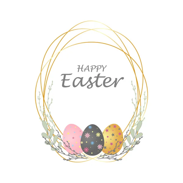 Mutlu Paskalyalar. Altın çerçeveli paskalya kartı, dekoratif dallar ve yapraklarla süslenmiş, Paskalya yumurtaları. Mutlu Paskalya yazıları..