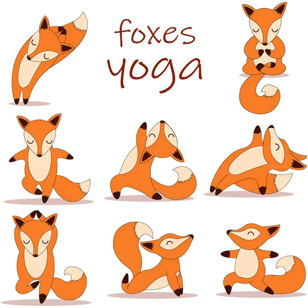 Foxes Yoga Set Mão Drawn Flat Design Vector Ilustração Isolada Vetor De Stock