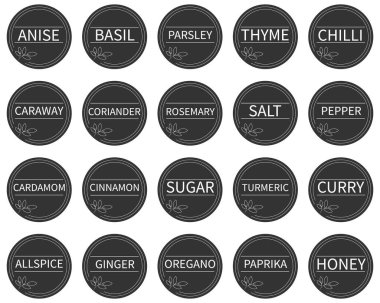 İçinde İngilizce baharat, biber, paprika, fesleğen, kekik, tuz, şeker gibi isimlerin olduğu 20 vektör etiketi olan karton etiketler, etiketler veya etiketler. Yiyecek konteynerlerini işaretlemek için..