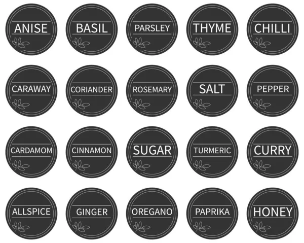 İçinde İngilizce baharat, biber, paprika, fesleğen, kekik, tuz, şeker gibi isimlerin olduğu 20 vektör etiketi olan karton etiketler, etiketler veya etiketler. Yiyecek konteynerlerini işaretlemek için..
