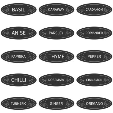 Baharat ve bitki kavanozları için etiket veya etiketler. İngilizce baharat, biber, paprika, fesleğen, kekik, tuz, şeker vb. 15 vektör etiketi.. 