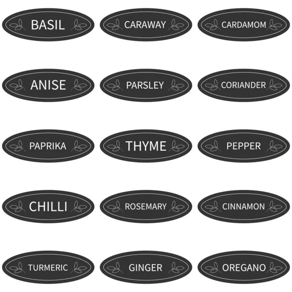 Baharat ve bitki kavanozları için etiket veya etiketler. İngilizce baharat, biber, paprika, fesleğen, kekik, tuz, şeker vb. 15 vektör etiketi.. 