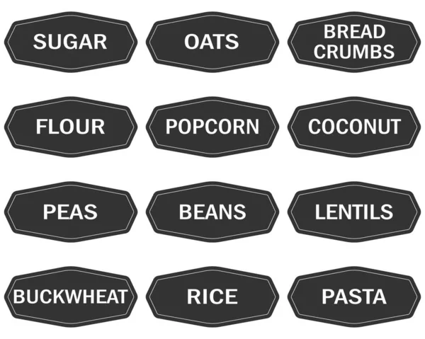 Set Vector Stickers Names Cereals English Мука Овсянка Ведро Рис Лицензионные Стоковые Векторы
