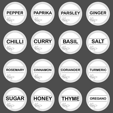 Baharat kavanozları için etiket ya da etiket seti. İçinde baharat isimleri olan 16 vektör yuvarlak çıkartma. Biber, paprika, fesleğen, kekik, tuz, şeker vs. Kilerin düzenlenmesi.