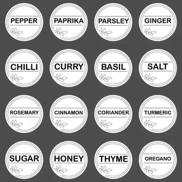 Baharat kavanozları için etiket ya da etiket seti. İçinde baharat isimleri olan 16 vektör yuvarlak çıkartma. Biber, paprika, fesleğen, kekik, tuz, şeker vs. Kilerin düzenlenmesi.