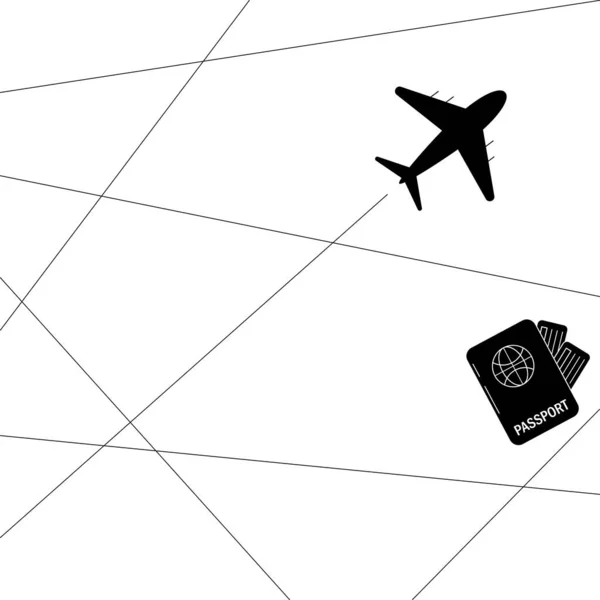 Illustration Vectorielle Vol Avion Avec Lignes Aériennes Passeport Billets Isolés — Image vectorielle