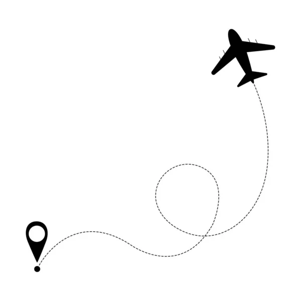 Uçak yolculuğu konsepti. Başlangıç noktası ve noktalı rotası olan uçak. Uçuşun vektör illüstrasyonu.