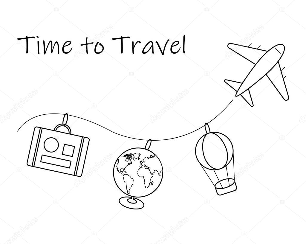 Travel Time. Airplane travel concept.Contour illustration of a flying airplane with suitcase,globe and air balloon. Vector illustration of flight.