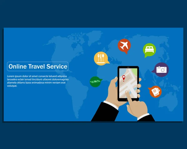 Servizio Viaggio Online Mobile Banner Vettoriale Aiuto Turisti Vacanza Maschio — Vettoriale Stock
