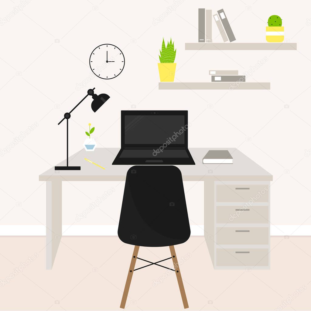 Cozy workplace at home.Vector flat modern minimalistic workplace with desk,laptop,plants,desk lamp and clock on the wall in warm pastel colors.Home office.Cozy workspace.