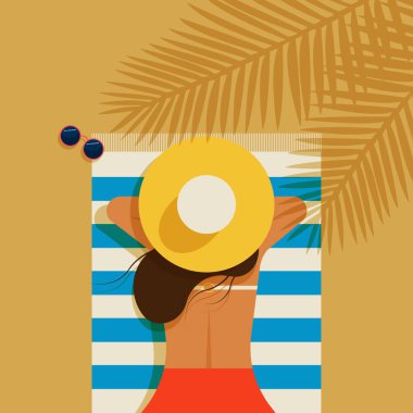 Mayolu bir kız plajda güneşleniyor. Şapkalı bir kadın sahilde dinleniyor. Doğada bir piknik sırasında dinlenmek. Nehrin kumlu kıyısı. Yaz turizmi, tatil. Modern vektör illüstrasyonu.