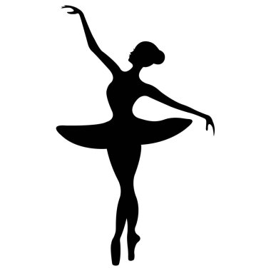Beyaz arka planda izole edilmiş balerin silueti. Bale afişi. Sivri ayakkabılı ve etekli gerçekçi dansçı. Vektör simgesi.