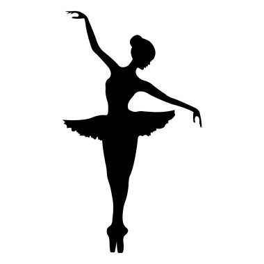 Beyaz arka planda izole edilmiş balerin silueti. Bale afişi. Sivri ayakkabılı ve etekli gerçekçi dansçı. Vektör simgesi.