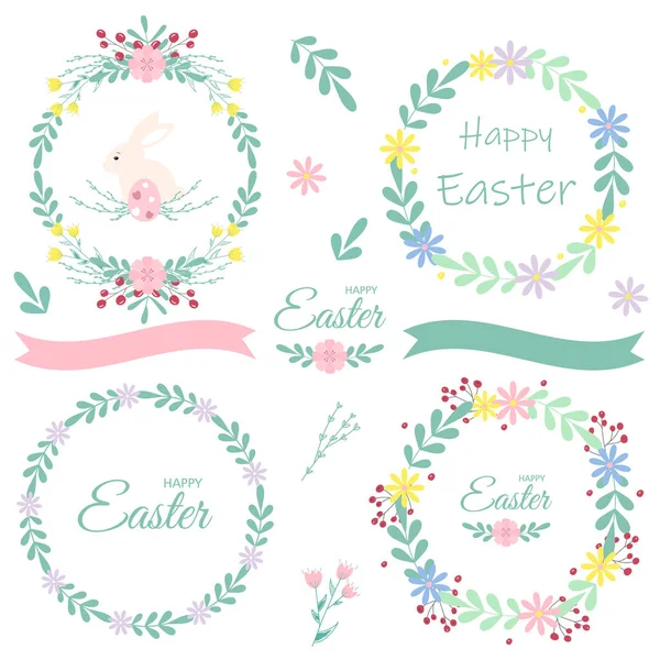 Çiçek çelenkleri, yumurtalar, tavşan, yapraklar, dallar, çiçekler, kurdeleler ve Mutlu Doğulu yazılar içeren Paskalya tasarımı öğeleri. Broşürler, afişler, duvar kağıtları, basılı ürünler için uygun. Vektör illüstrasyonu.