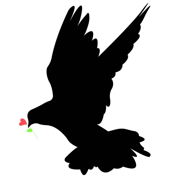 Silhouette Einer Fliegenden Taube Mit Einer Blume Herzform Vektor Auf — Stockvektor