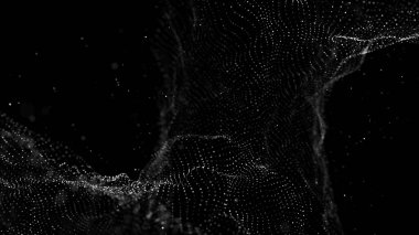 Noktalı gelecekçi dijital dalga. Karanlık siber uzay. Soyut müzik arka planı. Parçacık akışıyla büyük veri görselleştirmesi. 3d oluşturma.