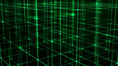 Teknoloji engelleme zinciri ağı bağlantısı. Büyük veri görselleştirmesi. Siber güvenlik geçmişi. Yeşil küp, bloktan oluşuyor. 3B görüntüleme.