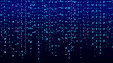 Teknoloji ikili kodu. Rastgele düşen mavi parmaklar ekranda. Hacklenmiş yazılım. Matris bilimi geçmişi. Büyük veri analizleri.