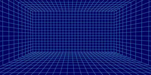 Drahtgitterraum Auf Blauem Hintergrund Vektorperspektivenraster Box Mit Digitalem Raum — Stockvektor