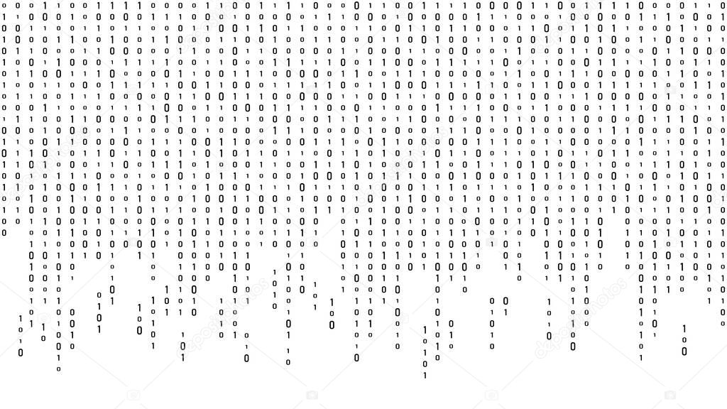 Technology binary code. Random falling white digits on screen. Hacked software. Matrix sciense background. Big data analytics.