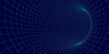 Soyut kablo şeması tüneli. Işık bilimi solucan deliği. Vektör 3 boyutlu portal ızgarası. Gelecekçi fantezi hunisi.