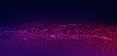 Gelecekçi teknoloji dalgası. Dijital siber uzay. Siyah zemin üzerinde hareket eden parçacıkların olduğu soyut dalga. Büyük veri analizleri.